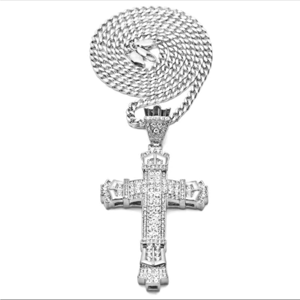 Rhinestone Chunky Silver Unisex Cross Necklace